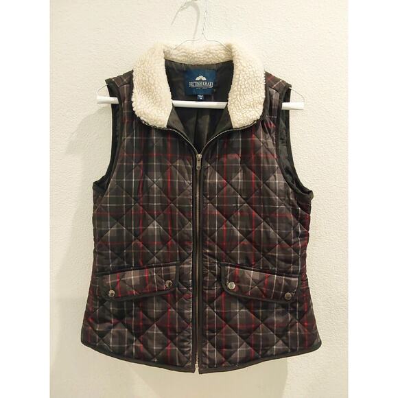 British Khaki Cozy Black Grey Red Plaid Vest with Sherpa Collar Size M SALE!!! - Picture 1 of 4